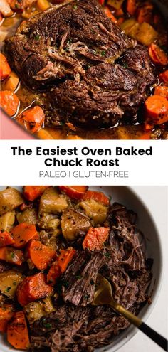 two pictures showing different types of food in the same pan and one has beef, carrots, potatoes, and bread