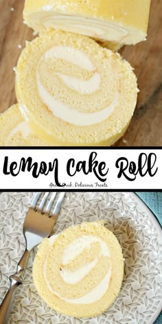 lemon cake roll on a plate with the rest of the cake in the background and an image of it being frosted