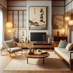 a living room filled with lots of furniture and paintings on the wall above it's windows