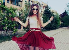 belted high-low chiffon skirt Girly Clothes, Heart Clothes, Skirt Trends, Asymmetrical Skirt, Girly Outfits, Real People, Skirt Fashion, Red Formal Dress