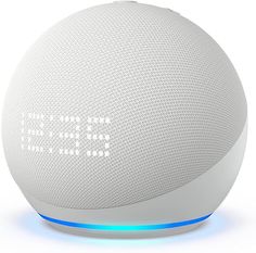 an amazon echo speaker is shown with blue light on the front and back side,