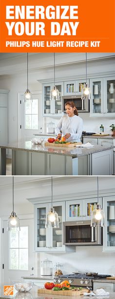 two pictures of a man in the kitchen with an orange sign above him that says, energize your day phillips's hue light recipe kit