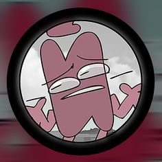 a cartoon character is seen through a round window with blurry lines in the background