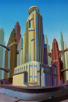 an animated image of a futuristic city with tall buildings and skyscrapers in the background