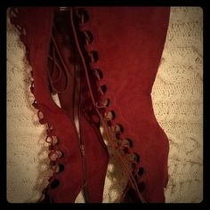 Never Worn.Faux Suede,Lace Up,Cut Out Style, Elegant Red Lace-up Boots, Burgundy Lace-up Heels, Burgundy Lace-up Boots With Round Toe For Fall, Ankle-high Suede Lace-up Boots With Reinforced Heel, Burgundy Lace-up Boots With Red Sole, Burgundy Boots, Suede Lace, Shoes Heels Boots, Faux Suede