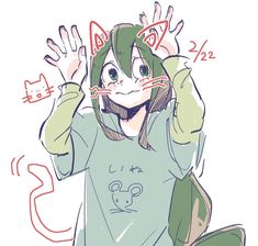 a drawing of a girl with her hands up in the air while wearing a cat sweatshirt