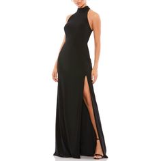 Mac Duggal Ieena High Neck Sleeveless Maxi Gown Size 2 New With Tags Black Jersey High Neck Halter Open Back Thigh High Slit Measures About Armpit 16 1/2” Waist 12 1/2” Ships Same Day Smoke Free Pet Free Tag, Wedding, Bridesmaid, Special Occasion, Evening Dress, Cocktail Party, Prom, Homecoming, Gala, Pageant, Red Carpet, Glam, Ball, Formal,Black Tie, Cruise Mac Duggal Dress, Evening Dress Collection, Mac Duggal Dresses, Unique Prom Dresses, Maxi Gown Dress, High Neck Sleeveless, Mac Duggal, Maxi Gowns, Formal Gowns