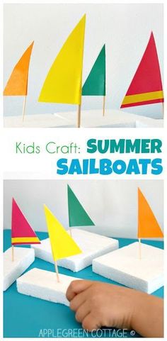 kids craft summer sailboats made out of popsicle sticks and construction paper with text overlay that reads, kid's craft summer sailboats