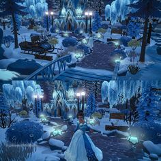 the animated scene shows a woman in a blue dress walking through a snowy park at night