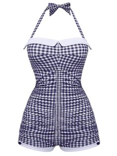 Checked Halter Bowknot One-piece Swimsuit – Retro Stage - Chic Vintage Dresses and Accessories Retro Halter Neck Swimwear For Pool, Vintage Halter Neck Swimwear For Beach, Retro Fitted Halter Neck Swimwear, Vintage Halter Neck Swimwear For Summer, Retro Halter Neck Fitted Swimwear, Retro Gingham Swimwear For Summer, Fitted Pinup Swimwear, Fitted Sleeveless Pinup Swimwear, Fitted Gingham Sleeveless Swimwear