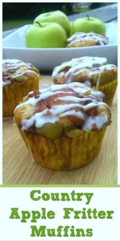 an image of apples and cinnamon muffins with the title country apple fritter muffins