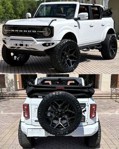 two pictures of the front and rear sides of a white pickup truck with black wheels