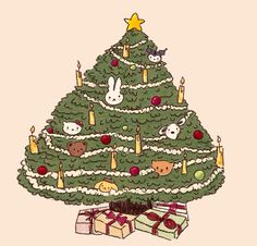 a drawing of a christmas tree with presents under it