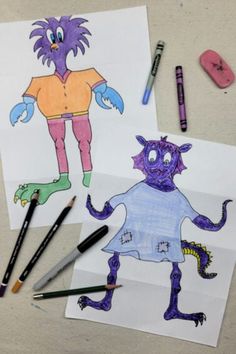 two children's drawings with crayons and markers