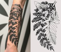 a tattoo is shown next to an image of a bird and pine tree branch on the left arm