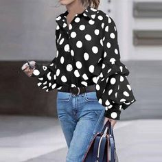 Polka Dot Lantern Sleeve Loose Buttons Retro Shirt Blouses 2020, Autumn Lantern, Polka Dot Shirt, Blouse Material, Womens Long Sleeve Shirts, Loose Blouse, Polka Dot Blouse, Long Puff Sleeves, Retro Shirts