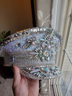 An Iridescent Pink/blue/lavender Silver Sequin and Silver - Etsy Silver Party Hat With Bling, Silver Festival Hat With Rhinestones, 30th Bday, Rave Bra, Blue Lavender, Costume Hats, Des Moines, Silver Sequin, Custom Hats