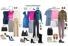 there are many different types of clothes and shoes on this page, including jackets, pants, shirts, skirts, heels, purses