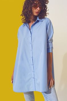 Length: Full length. Subcategory: Blouse. Neck: Wide collar neckline. Sleeves: Long Sleeves. Fit: Oversized fit. Style: Daily. Fabric: Poplin. Zipper: Button placket. runs big. S. 63% Polyester 35% Cotton Oversized Collared Blouse For Daywear, Blue Spread Collar Blouse For Daywear, Blue Blouse With Shirttail Hem For Daywear, Oversized Blue Top With Placket, Blue Blouse With Shirttail Hem, Light Blue Shirt, Light Blue Shirts, Poplin Shirt, Fit Style