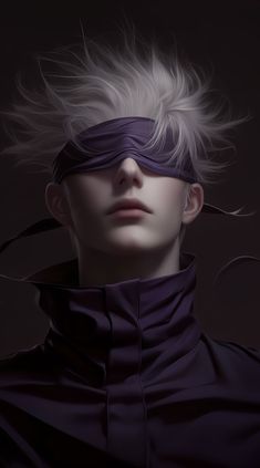 a man with white hair wearing a blindfold