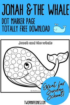 Image with text that says Jonah and the whale dot marker page totally free download. Great for Sunday school. There is a mock up of the dot marker page. Jonah Crafts For Preschoolers, John And The Whale, Jonah And The Whale Coloring Page Free Printable, Jonah Preschool Activities, Preschool Jonah And The Whale Craft, Jonah Preschool Craft, Preschool Whale Craft, Whale Crafts For Toddlers, Jonah And The Whale Craft For Toddlers