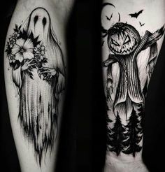 two black and white tattoos on the arms of people, one with a ghost in it