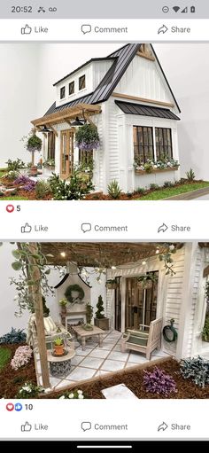 two pictures of a small house with white sidings