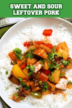 sweet and sour leftover pork is served over white rice