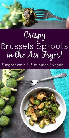 brussel sprouts in the air fryer on a plate with a fork