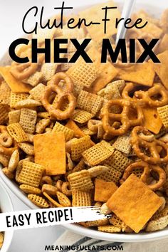 A bowl full of Chex, pretzels, and cheese crackers all seasoned with mixed together Gluten Free Chex Mix Recipes, Savory Chex, Savory Chex Mix, Gluten Free Chex, Easy Snack Mix, Gluten Free Snacks Recipes, Meaningful Eats, Homemade Chex Mix, Chex Mix Recipe