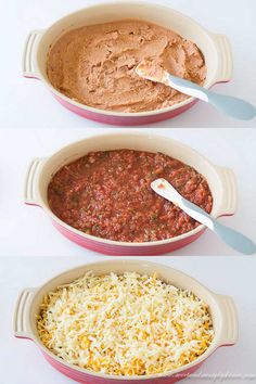 three bowls filled with different types of food