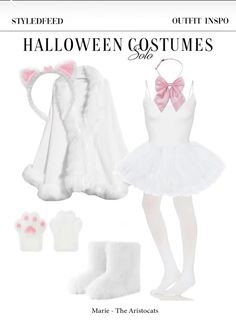 the costume is white and has pink bows on it