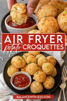 air fryer potato croquettes on a plate with dipping sauce