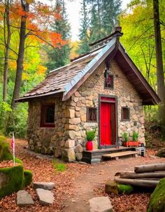 a small cabin in the woods with red door and steps leading up to it's entrance