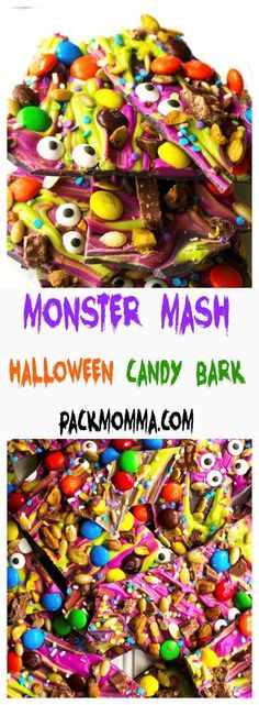 the monster mash halloween candy bark recipe is ready to be eaten