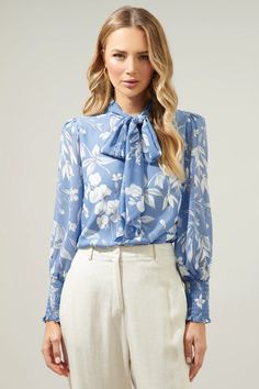 Scout Floral Etienne Tie Neck Long Sleeve Blouse – Sugarlips Lace Top Outfit White, Floral Blouse Outfit, Top Highlights, Dreamy Whites, Flower Blouse, The Scout, Tie Neck Tops, Body Dress, Tie Blouse