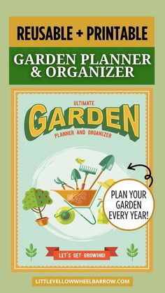 the garden and planter flyer is shown with an image of gardening items on it