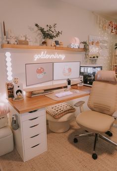 a chair and desk in a room with shelves on the wall above it, along with other items