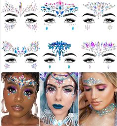 PRICES MAY VARY. SHINE BRIGHT & STAND OUT FROM THE CROWD - Work wonders with our 3D iridescent, holographic rhinestone face gem stickers. Highlight your experience at the music festival, rave, and party with these absolute-must 3D glittering face jews. 100% SKIN-SAFE - No irritation on skin guaranteed! Face gem stickers are safe to use on Face, Body & Nails. Everything is hypoallergenic, using cosmetic grade materials only. SUPER LONG LASTING - Stays up all night. They are sweatproof, waterproof Alien Make-up, Festival Face Jewels, Mermaid Face, Gem Stickers, Alien Makeup, Rhinestone Face, Festival Face, Look Festival, Glitter Face