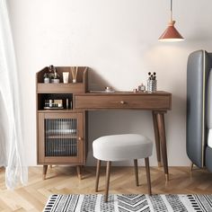 a wooden desk with a white foot stool next to it