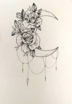 a drawing of a crescent with flowers on it and a moon hanging from the side