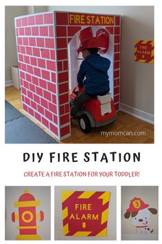 a kid in a fire station made out of cardboard and paper with the words diy fire station on it