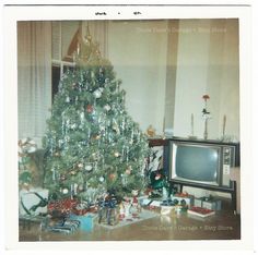 a christmas tree is in front of a television