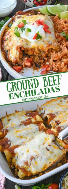 ground beef enchiladas in a casserole dish