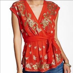 Free People Red Gold Sequin Embroidered Open Back Top Size Small I Excellent Condition,Nwt. This Is So Beautiful!! Love The Intricate Embroidery On The Front And Back. Deep V Neck Line And Open Back With An Elastic Waist. I Do Not Have The Matching Belt But Would Look Adorable With A Gold Belt Or Easily Worn Without One If You Want To Cut The Loops Off The Side. Please Refer To Photos For Details Ruffle Trim Top, Print And Embroidery, Surplice Top, Bohemian Blouses, 70s Hippie, Blouses And Tops, Print Embroidery, Blouse Nordstrom, Ooh La La