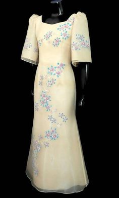 FILIPINIANA Hand-painted BELL SLEEVES Terno Gown Philippine National Costume Maria Clara Barong Tagalog Beige - Etsy Philippine National Costume, National Costume, Maria Clara, Black Prom Dresses, Silk Organza, Dress Clothes For Women, Picture Gallery