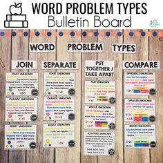 word problem types bulletin board for students to use in their writing and spelling practice area