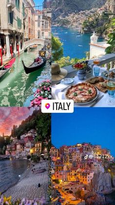 the collage shows several different scenes in italy, including boats and people eating food