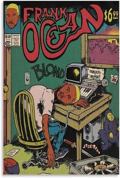 an old comic book cover with a man sitting at a desk in front of a computer