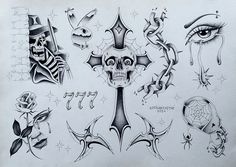 a drawing of various tattoos on paper